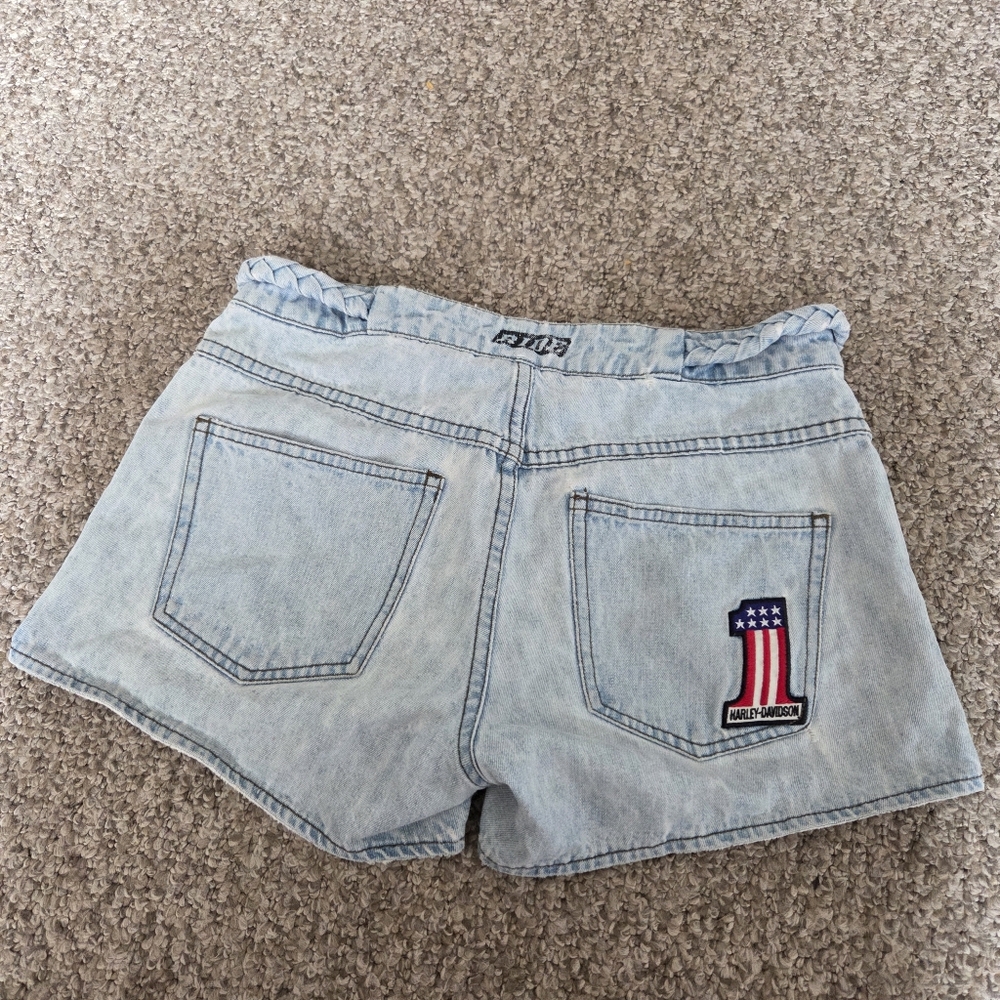Vtg Y2K Harley Davidson Jean Shorts Braided Belt #1 Patch Light Wash 28